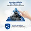 A hand pointing to a pile of coal within a triangle graphic, with text overlays describing absorption of substances. Produktbild-Vorschau