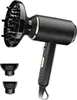 A black hairdryer with a diffuser attachment and two smaller nozzle attachments, displayed against a white background. Produktbild-Vorschau
