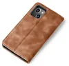 A brown leather flip case for an iPhone is shown against a white background. Produktbild-Vorschau