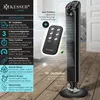 A product collage showcasing a black tower fan with a remote control and feature callouts. Produktbild-Vorschau