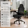 A black office chair is shown in a home office setting, with a text-heavy informational panel on the left. Produktbild-Vorschau