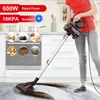 A person is using a stick vacuum cleaner in a kitchen setting. There are also inset images showing different types of debris. Produktbild-Vorschau