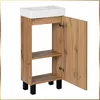 A bathroom vanity cabinet with a sink on top and an open door revealing shelves. Podgląd zdjęcia produktu