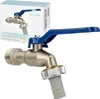 A product shot of a faucet with a blue handle and a hose adapter, with its packaging in the background. Produktbild-Vorschau