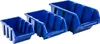 Three blue plastic storage bins of varying sizes are arranged diagonally on a white background. Náhled obrázku produktu