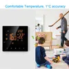 A digital thermostat is shown on the left, with a family scene on the right. Náhled obrázku produktu