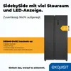 A black side-by-side refrigerator with an energy efficiency label and marketing text. Produktbild-Vorschau
