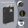 A dark gray narrow cabinet with gold accents, shown with various bathroom items on top and folded towels inside. The image is divided into sections highlighting product details. Produktbild-Vorschau