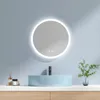 A modern bathroom vanity with a round LED mirror, a blue sink, and a black faucet. Produktbild-Vorschau