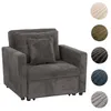 A dark gray armchair with two pillows, shown with a white background and swatches of other available colors. Produktbild-Vorschau