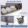 A collage of images showing details of a baby bed/crib, including storage, a zipper, and wheels. Produktbild-Vorschau