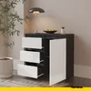 A modern sideboard with drawers and a door, placed in a room setting with a plant and a lamp. Produktbild-Vorschau