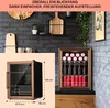 A mini fridge filled with drinks, shown in a kitchen or bar setting, with a separate diagram showing its dimensions. Produktbild-Vorschau