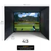 A golf simulator enclosure with a screen displaying a golf course simulation. Produktbild-Vorschau