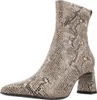 A single beige and brown snakeskin print ankle boot with a block heel is shown against a white background. Produktbild-Vorschau