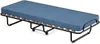 A folding bed with a blue mattress and a black metal frame. Voir les images du produit