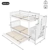 A diagram showing the dimensions of a white bunk bed with a pull-out trundle bed and stairs. Voir les images du produit