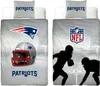 Two sides of a New England Patriots themed bedding set, one showing a helmet and logo, the other showing football players in silhouette.