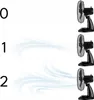 Three desk fans are shown at different speed settings, indicated by numbers 0, 1, and 2, with swirling lines representing airflow intensity. Anteprima dell’immagine prodotto