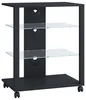 A black media console with glass shelves and wheels, shown against a white background. Voir les images du produit