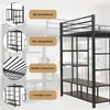 A loft bed with shelves and a desk, shown with feature callouts. Náhled obrázku produktu