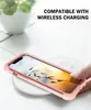 A hand places a rose gold iPhone 13 Pro Max in a protective case onto a white wireless charging pad. The phone screen displays a nature-themed wallpaper. In the background, a blurred green plant and a white vase are visible. Produktbild-Vorschau