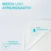 Close-up view of a white textile product, likely a mattress protector, showing its texture and some feature callouts. Produktbild-Vorschau