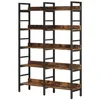 A tall, multi-shelf bookshelf with a rustic wood grain finish and black metal frame, shown against a white background. Podgląd zdjęcia produktu