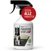 A white spray bottle with a black trigger, featuring a dog and text indicating it is a parasite spray. Produktbild-Vorschau
