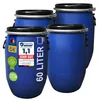 Four blue plastic barrels are shown in a studio setting against a white background. The barrel in the foreground has several labels and text printed on it. Produktbild-Vorschau