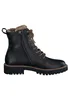 A black leather boot with brown laces and a white background. Produktbild-Vorschau