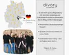 A marketing image for Divory Kitchenware, featuring a map of Germany with pins, a group photo of employees, and text describing the company's mission and values. Produktbild-Vorschau