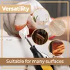 A gloved hand is shown repairing a surface with a tool and white filler, surrounded by circular insets showing different surfaces and furniture. Voir les images du produit