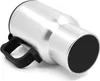 A stainless steel travel mug with a black handle and base, shown on a white background. Anteprima dell’immagine prodotto
