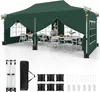 A green pop-up canopy tent set up with tables and chairs inside, suggesting an outdoor event or party setting. Accessories like sandbags and stakes are displayed below. Voir les images du produit