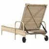 A rear view of a beige poly rattan sun lounger with wheels and a cushion, set against a white background. Produktbild-Vorschau