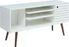 A white media console with wooden legs and a slatted door detail. Produktbild-Vorschau