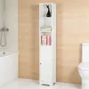 A tall, narrow white cabinet with shelves and a door, placed in a bathroom next to a bathtub and toilet. Produktbild-Vorschau