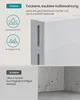 A split image showing a white storage unit with water droplets and dust protection icons on the left, and a concrete corner on the bottom right. Produktbild-Vorschau