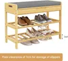 A bamboo shoe rack with a padded seat on top, showing different types of shoes on its shelves. Produktbild-Vorschau