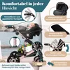 A baby in a stroller with various features highlighted by text overlays and inset images. Produktbild-Vorschau