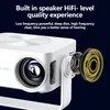 A white projector with an exploded view of its speaker, set against a dark blue background with marketing text. Produktbild-Vorschau