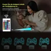 A woman holding a baby in bed, with a remote control and a brightness slider shown, and four 3D controller lamps displayed below. Náhled obrázku produktu