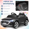 A black electric Audi SQ8 toy car for children, with various features highlighted by text and icons. Produktbild-Vorschau