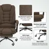 Close-up views of a brown office chair with text highlighting its features. Voir les images du produit