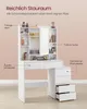 A white vanity table with drawers and shelves, featuring a mirror with LED lights. The image has text overlays highlighting storage features. Produktbild-Vorschau