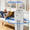 A man is relaxing on a couch reading a book, with a tower fan prominently displayed in the foreground. The fan has a blue curved arrow indicating oscillation and text highlighting "Oszillationsfunktion" and "60°". Produktbild-Vorschau