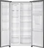 An empty, open side-by-side refrigerator with multiple shelves and drawers. Produktbild-Vorschau