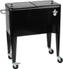 A black cooler on wheels with a bottle opener and a holder for bottles. Produktbild-Vorschau