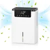 A white dehumidifier with a digital display and control panel, surrounded by blue air flow graphics and green leaves. Anteprima dell’immagine prodotto